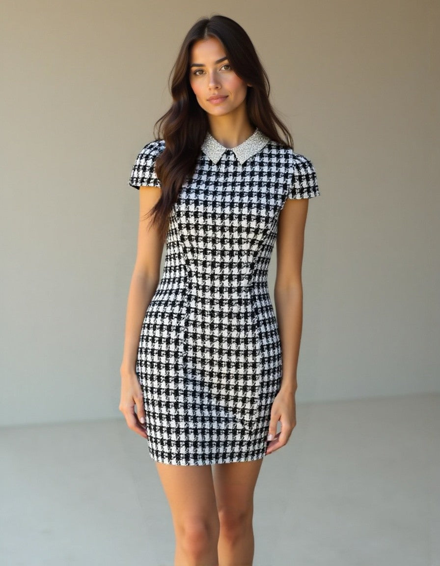 Vestido dama City Studio Midi cuello con perlas